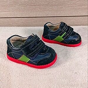 SEE KAI RUN Baby Boys Size 3 Leather Sneaker Shoe Navy Blue Green Velcro Closure